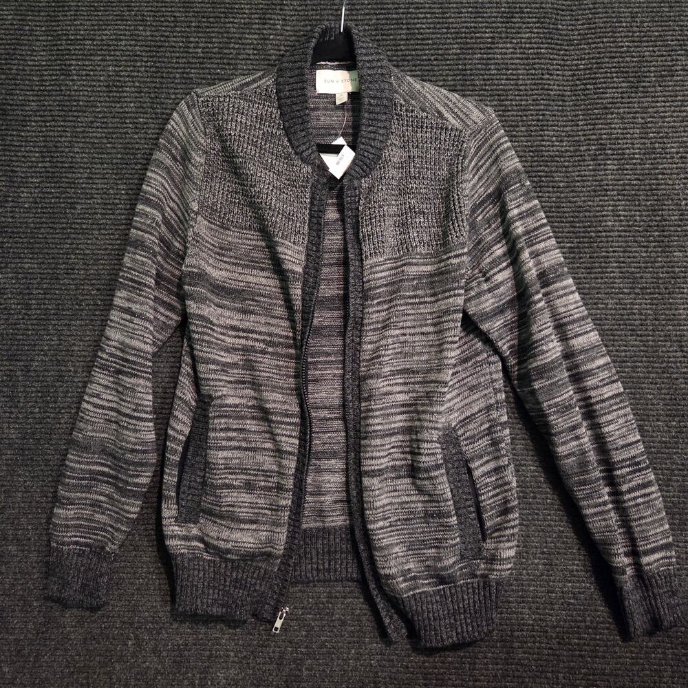Sun + Stone Mens M Full Zip Sweater Jacket Charcoal Grey Marled Knit NWT $70